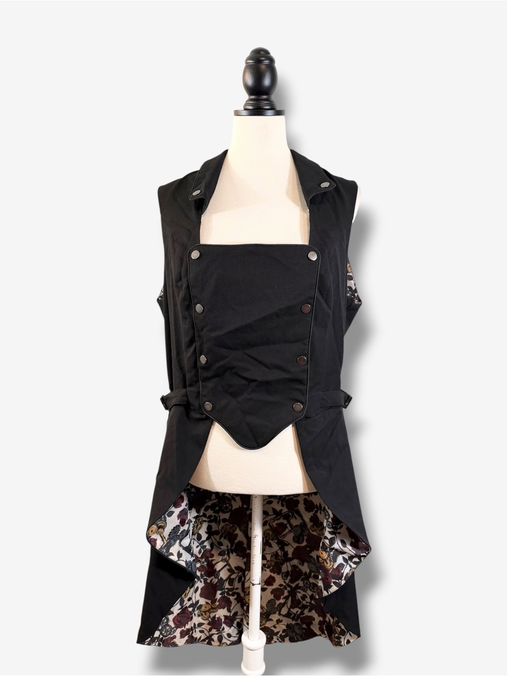 Hot Topic Black Steampunk Tuxedo Vest XXL Rose Gear Floral Hi Low Tail Victorian